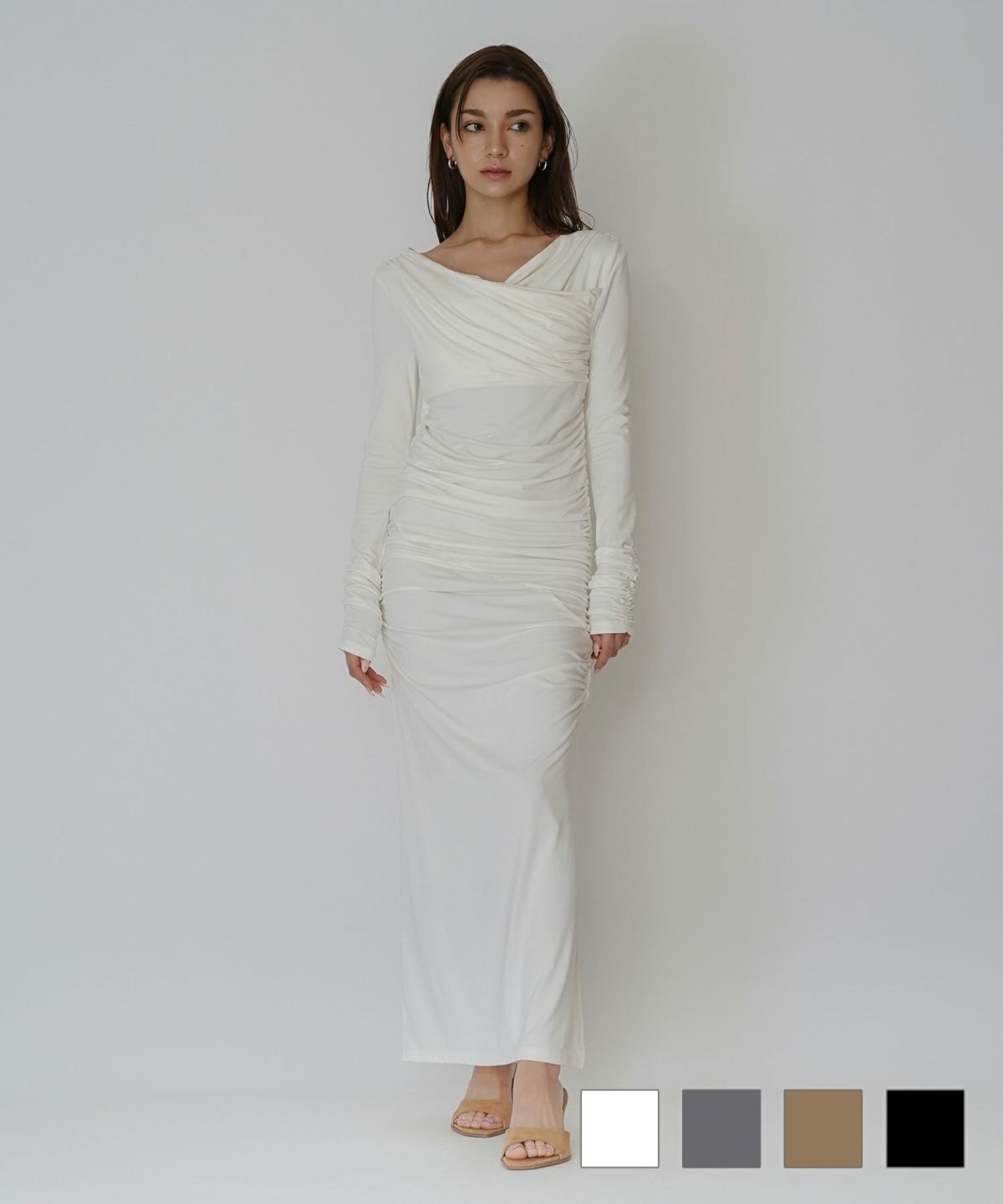 オフショル シャーリング ギャザー ワンピース KINO THE KEI 全4色｜ktk331-0100【1】