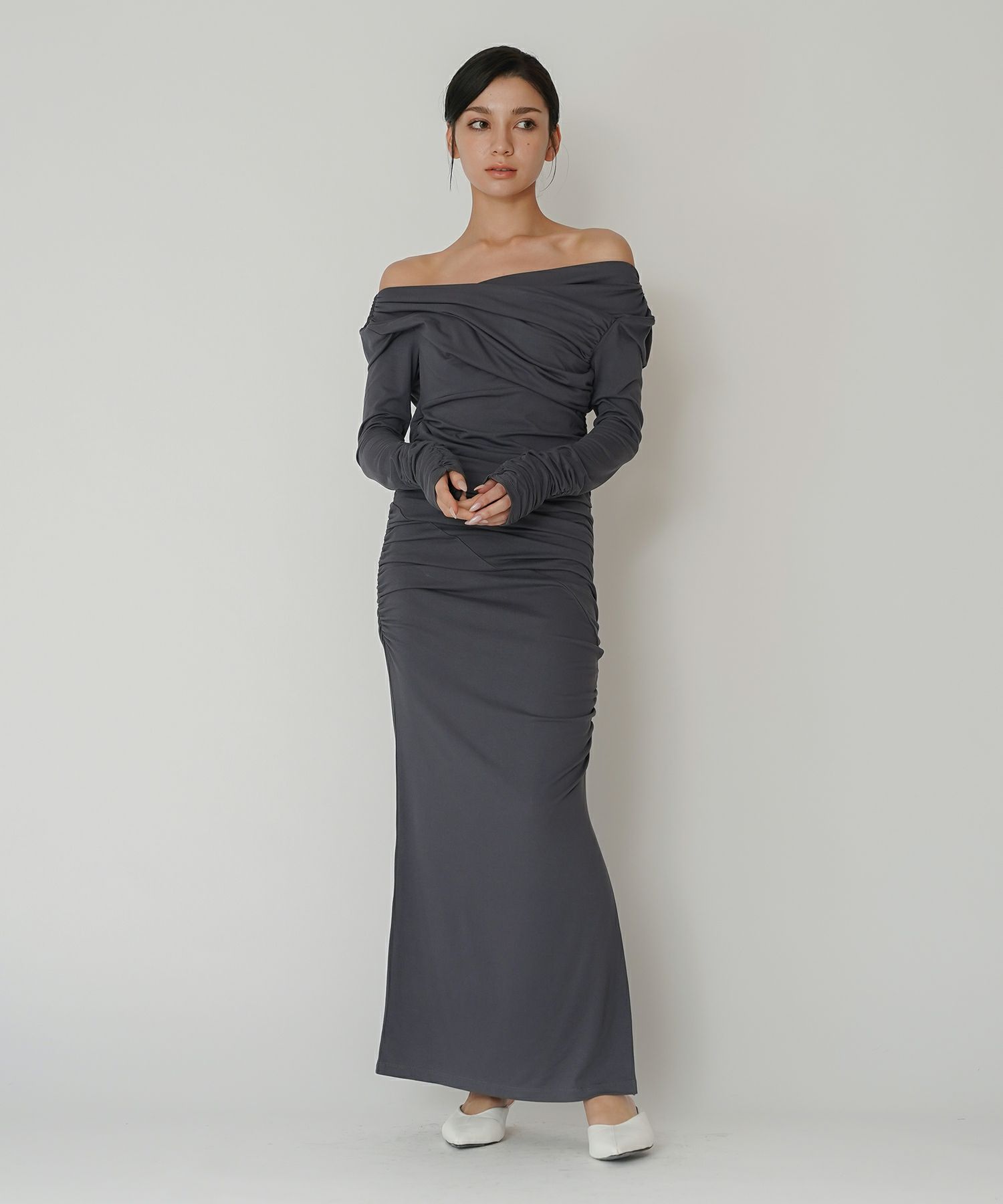 オフショル シャーリング ギャザー ワンピース KINO THE KEI 全4色｜ktk331-0100【1】