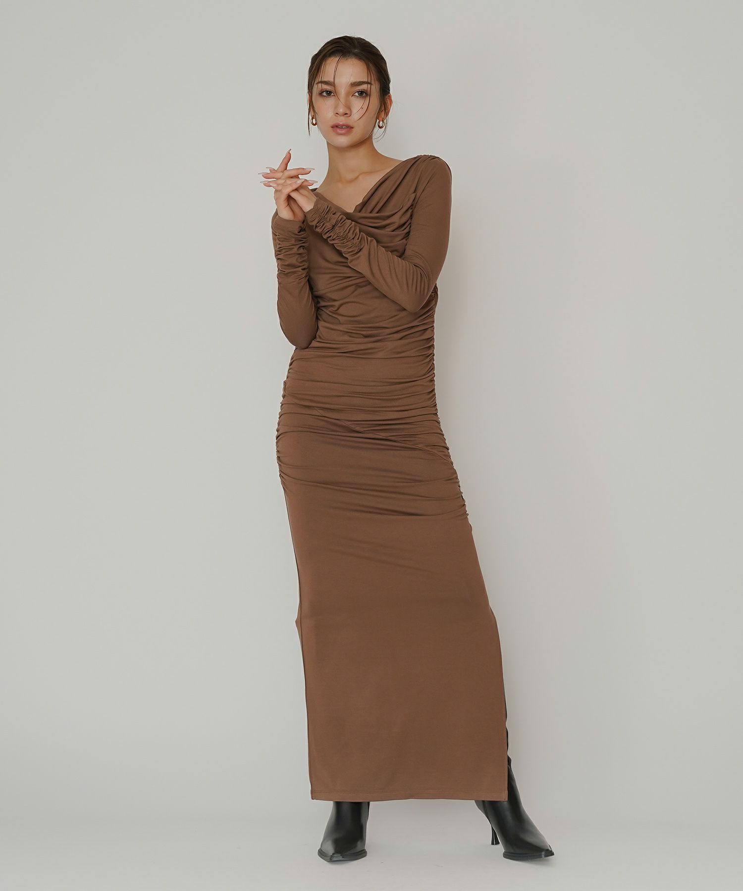 オフショル シャーリング ギャザー ワンピース KINO THE KEI 全4色｜ktk331-0100【1】