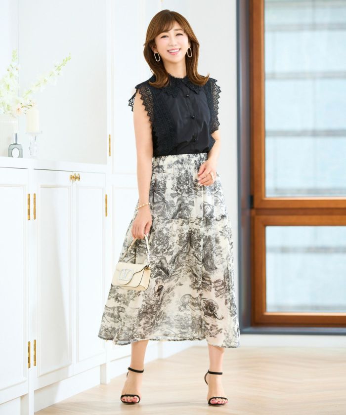 トワルドジュイプリントスカートフランス生地ウエストゴムフレアブルーブラックホワイト