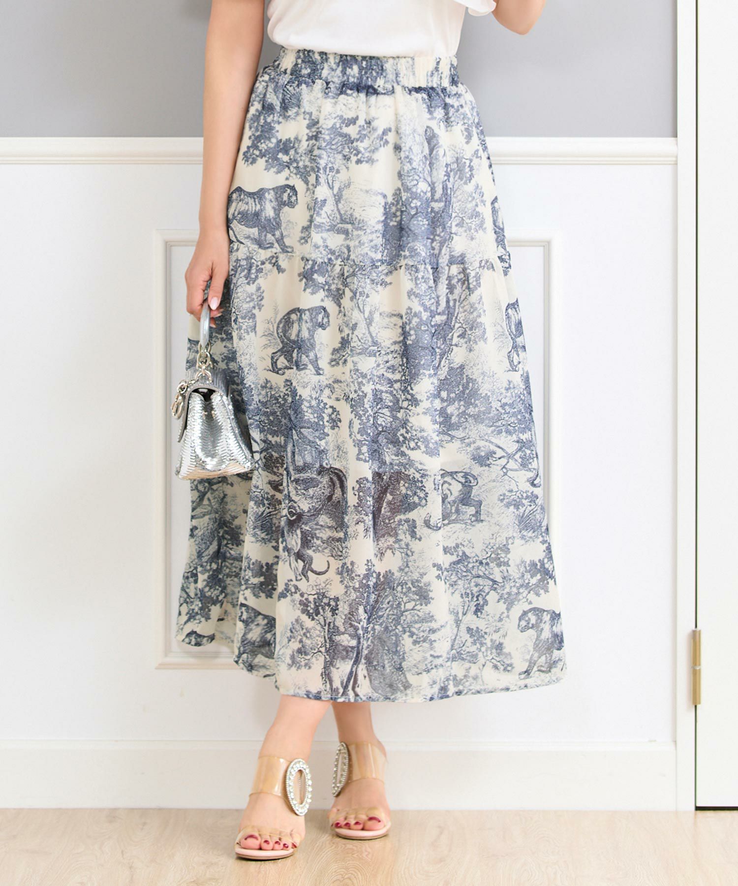 トワルドジュイプリントスカートフランス生地ウエストゴムフレアブルーブラックホワイト