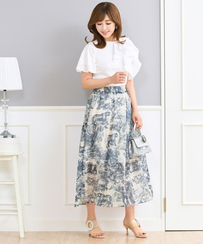 トワルドジュイプリントスカートフランス生地ウエストゴムフレアブルーブラックホワイト