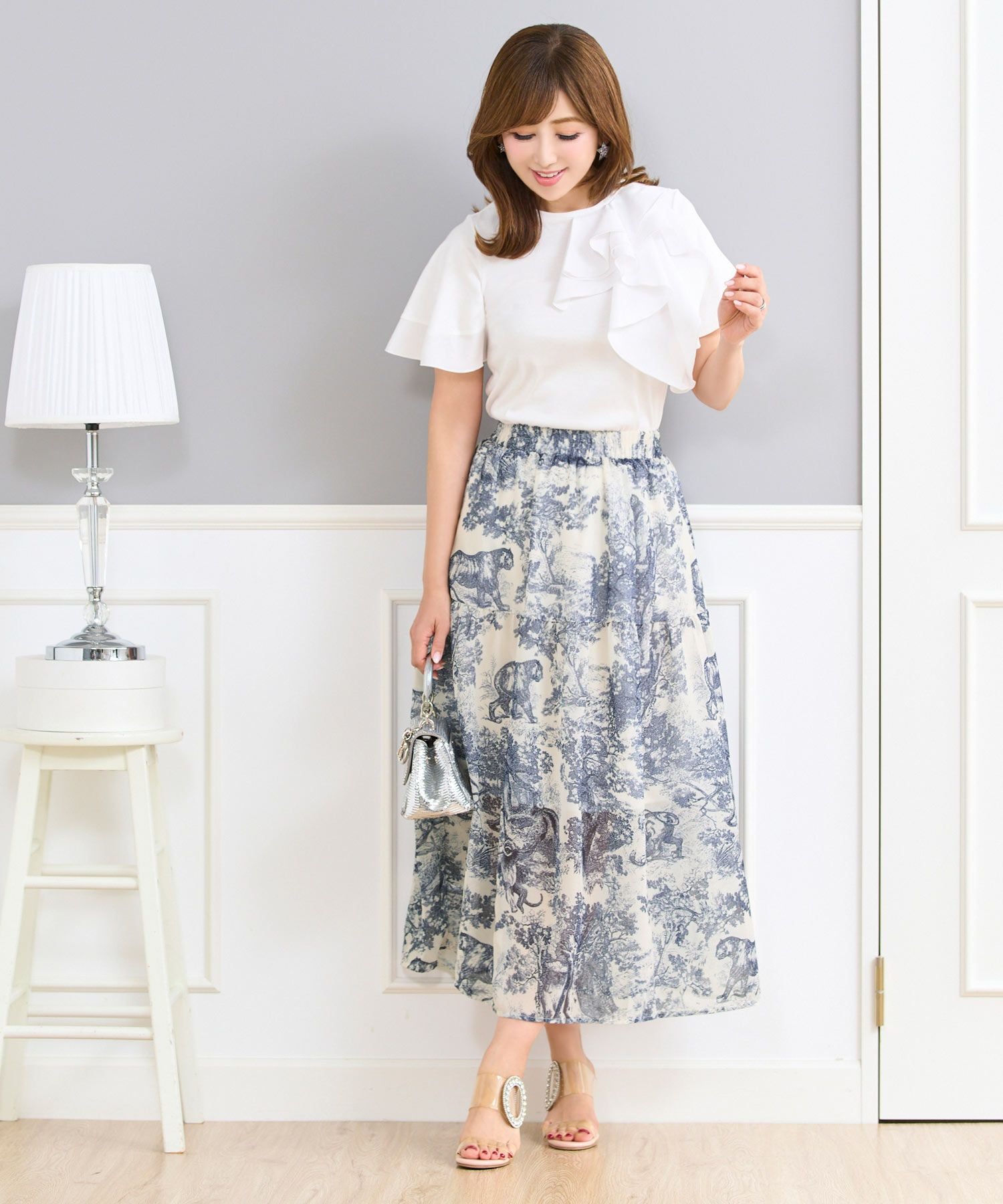 トワルドジュイプリントスカートフランス生地ウエストゴムフレアブルーブラックホワイト