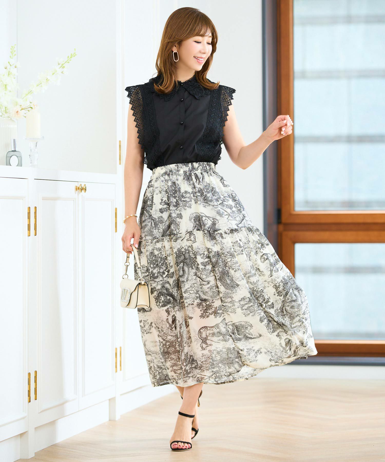 トワルドジュイプリントスカートフランス生地ウエストゴムフレアブルーブラックホワイト