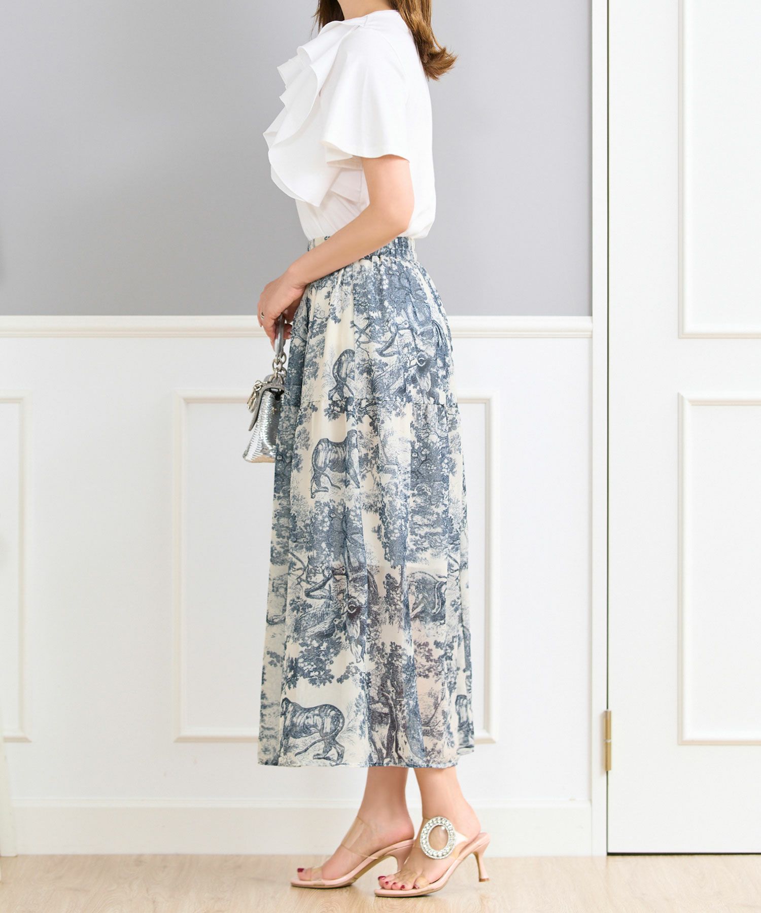 トワルドジュイプリントスカートフランス生地ウエストゴムフレアブルーブラックホワイト