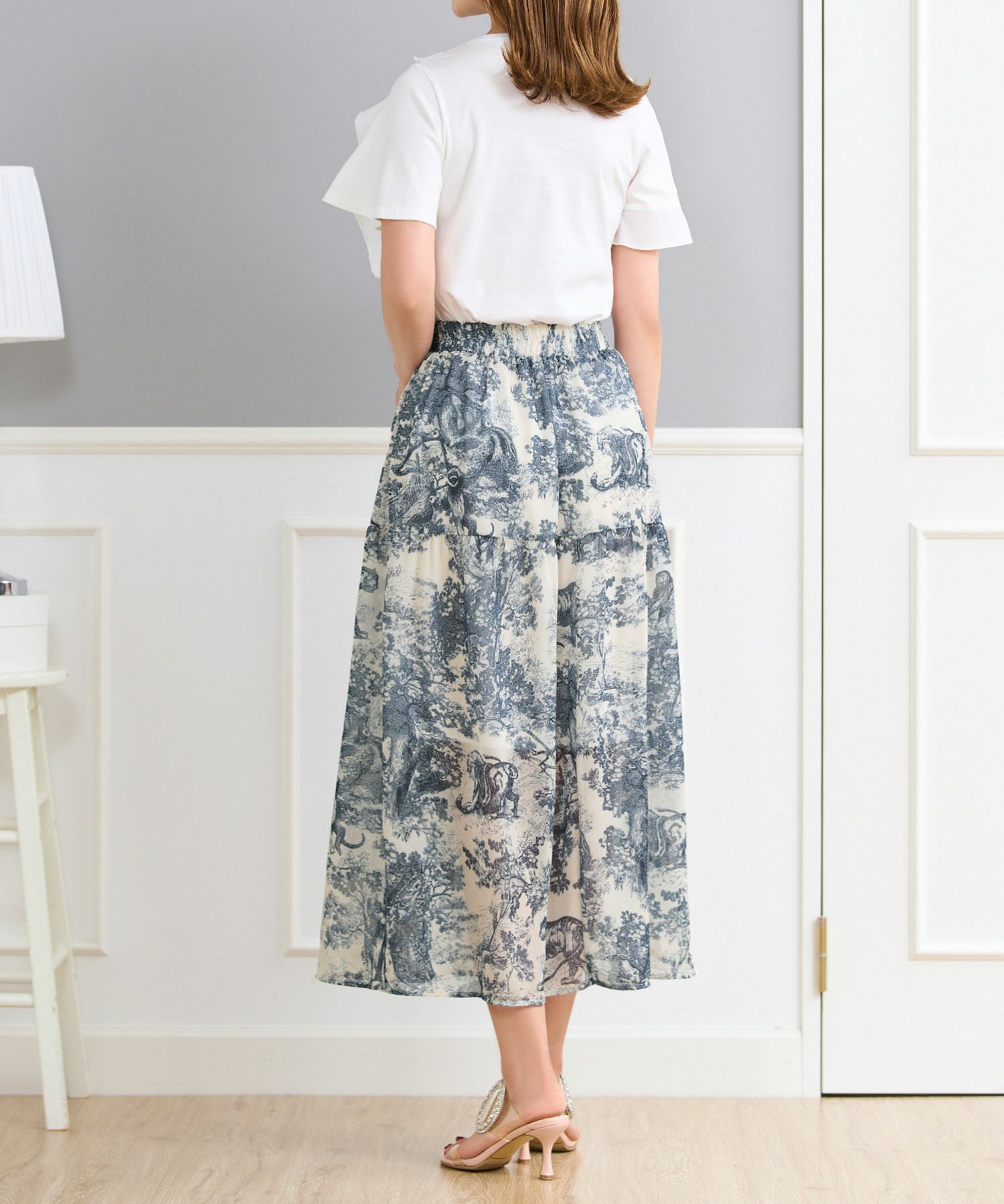 トワルドジュイプリントスカートフランス生地ウエストゴムフレアブルーブラックホワイト