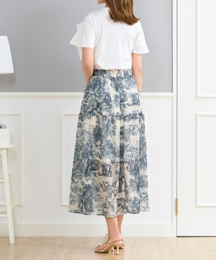 トワルドジュイプリントスカートフランス生地ウエストゴムフレアブルーブラックホワイト