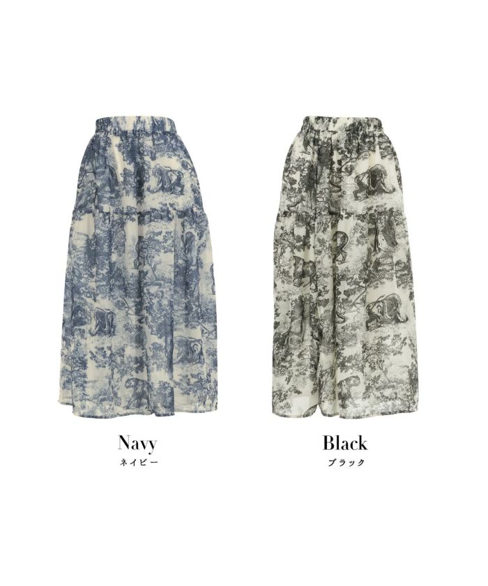 トワルドジュイプリントスカートフランス生地ウエストゴムフレアブルーブラックホワイト