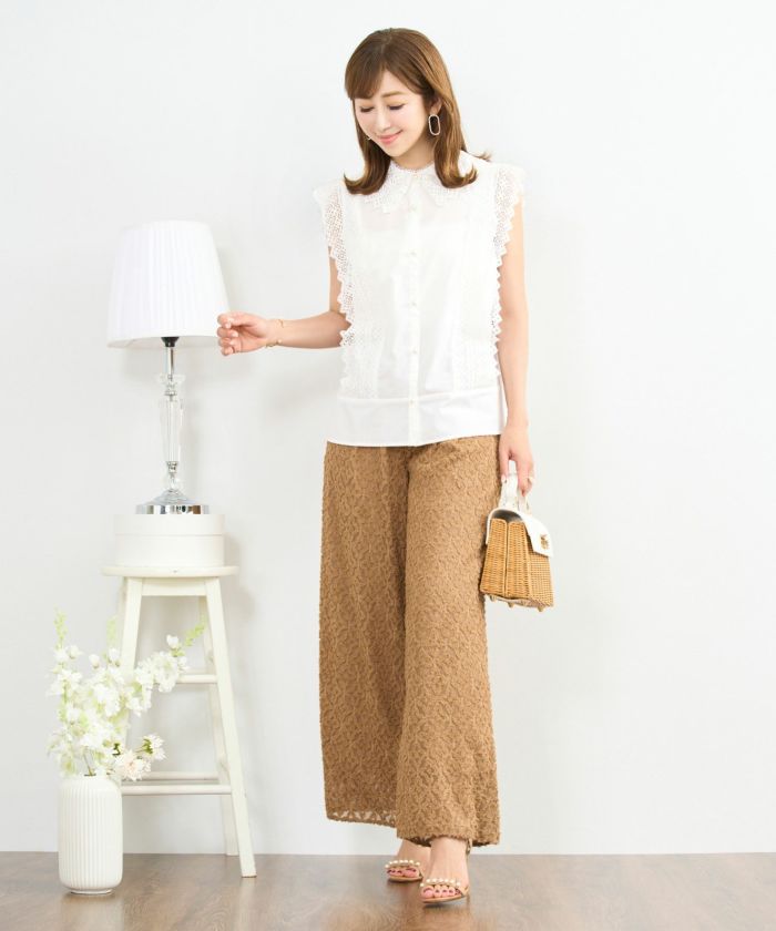 キカカットジャガードワイドパンツウエストゴム幾何学模様柄キャメルブラック