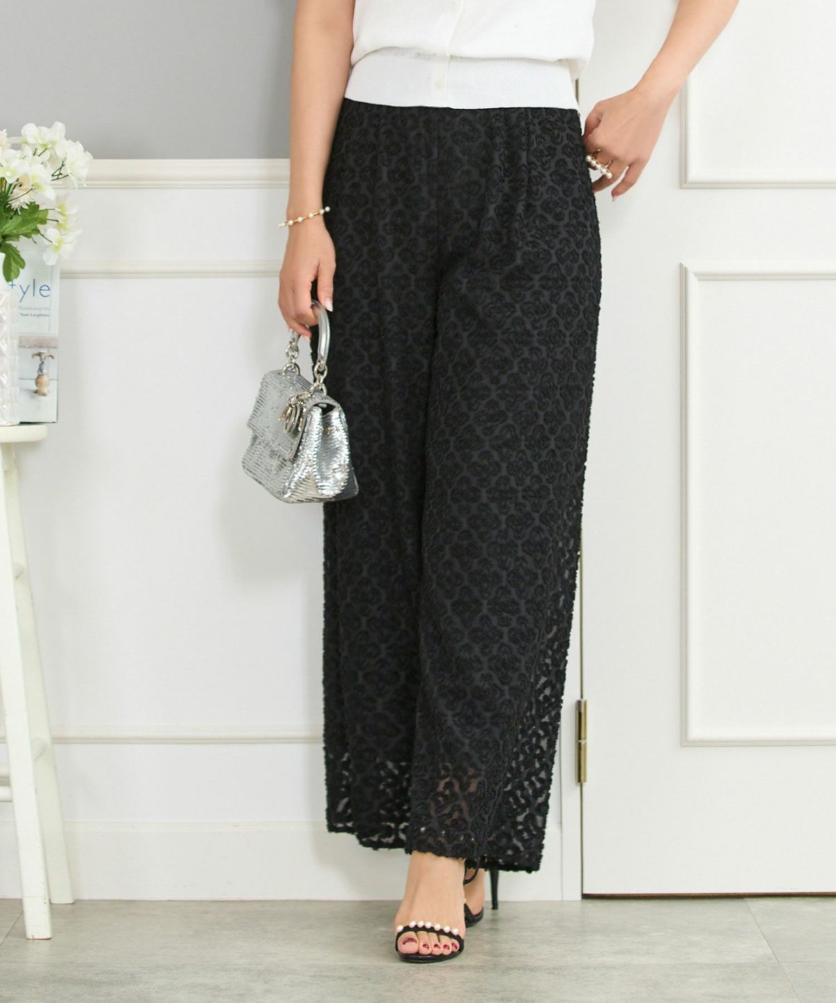 キカカットジャガードワイドパンツウエストゴム幾何学模様柄キャメルブラック