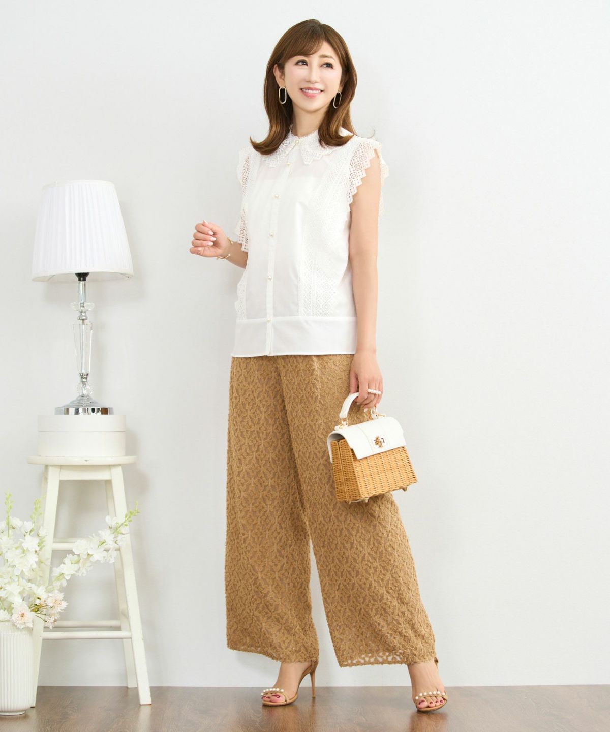 キカカットジャガードワイドパンツウエストゴム幾何学模様柄キャメルブラック