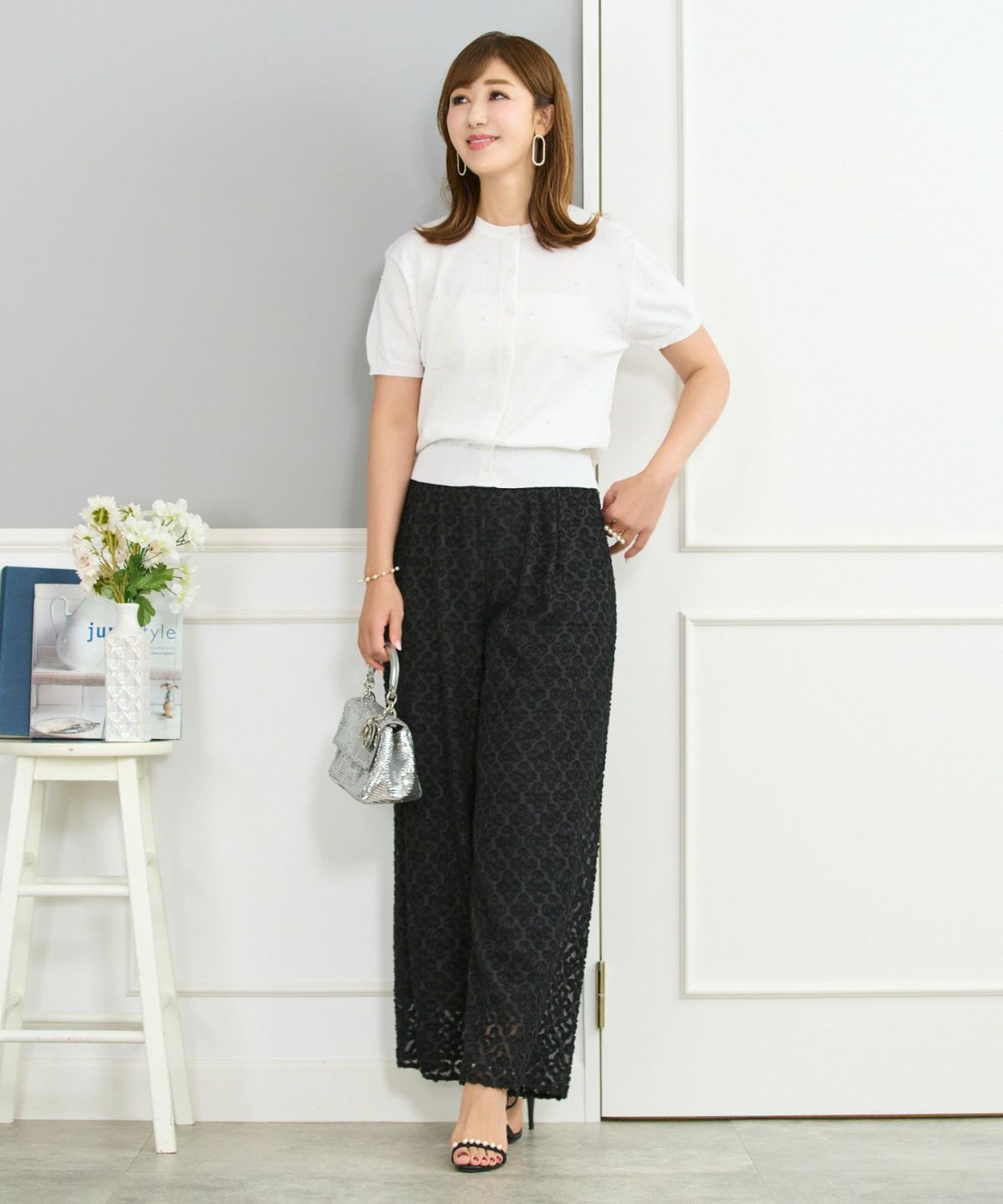 キカカットジャガードワイドパンツウエストゴム幾何学模様柄キャメルブラック