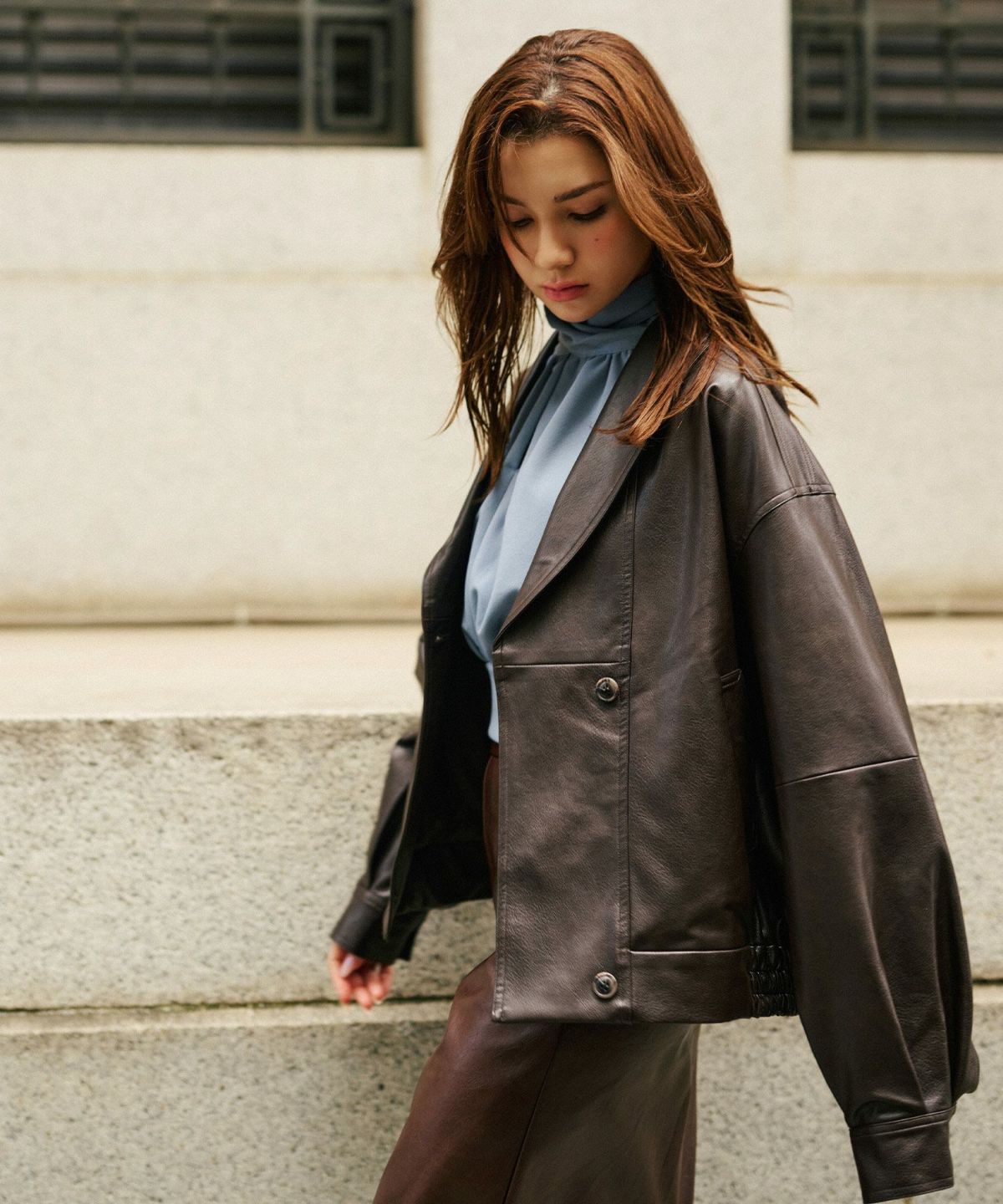 モード オーバーサイズ ライトアウター レザーアウター ブルゾン 古着 ヴィンテージ 韓国風 綺麗め 細見え カジュアル KINO THE KEI