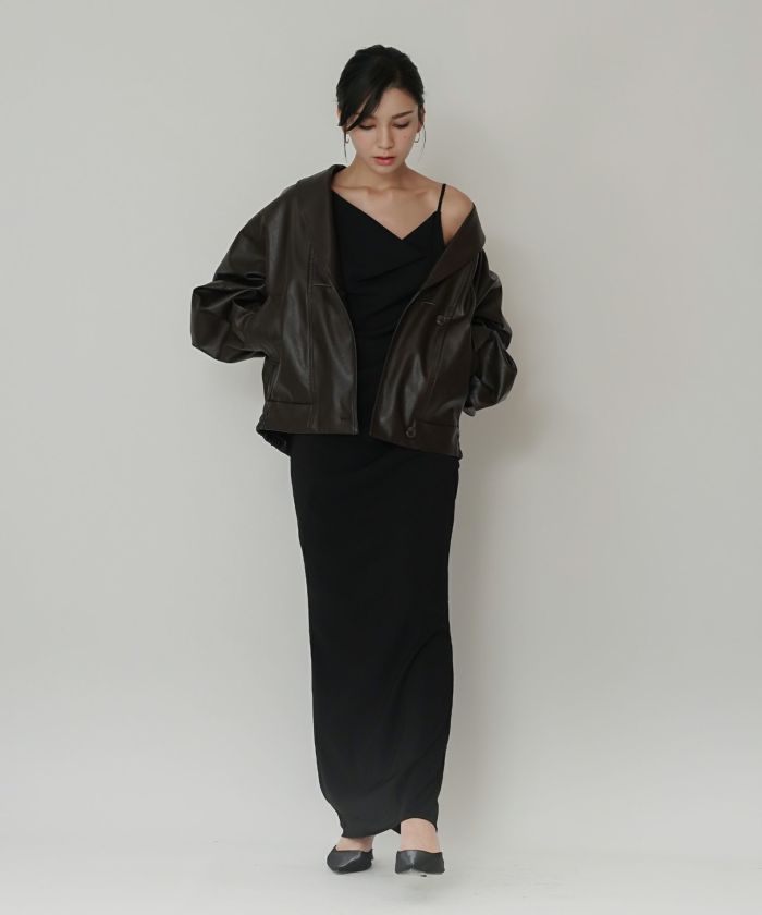 jin、レオナ−ル黒 ノーカラージャケット 13号 2WAY】ストレッチフラノ ノーカラーブルゾンジャケット（01