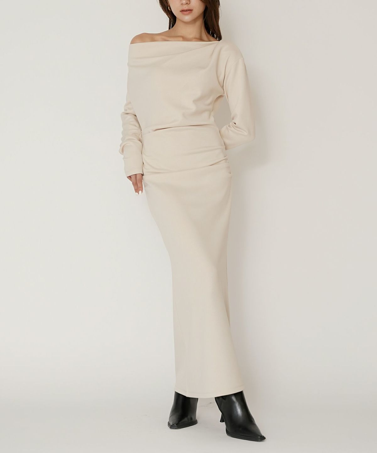 ロングワンピース カットソー セットアップ オフショルトップス ドレープ タイトワンピ 韓国風 綺麗め 細見え カジュアル KINO THE KEI