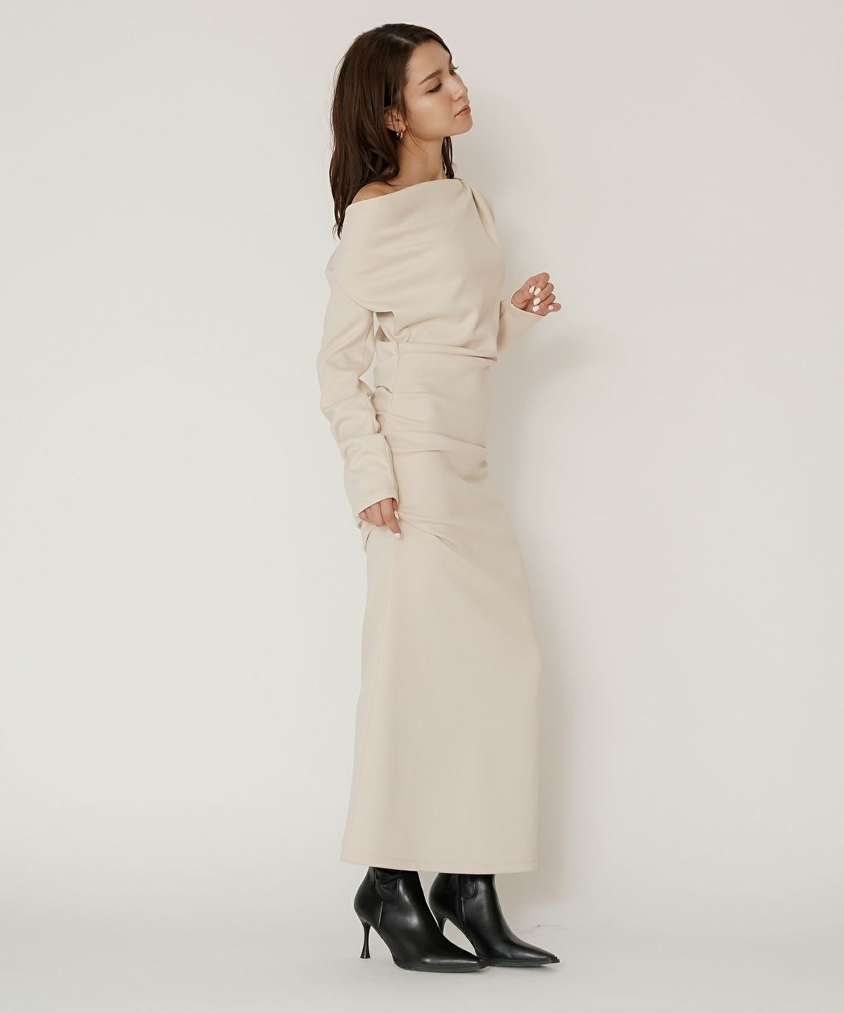 ロングワンピース カットソー セットアップ オフショルトップス ドレープ タイトワンピ 韓国風 綺麗め 細見え カジュアル KINO THE KEI