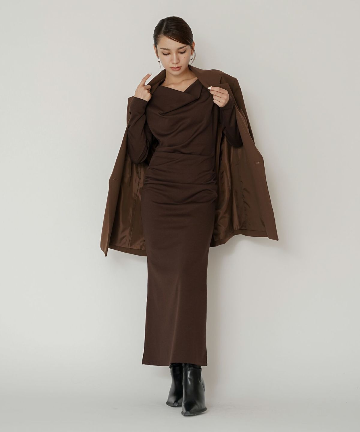 ロングワンピース カットソー セットアップ オフショルトップス ドレープ タイトワンピ 韓国風 綺麗め 細見え カジュアル KINO THE KEI