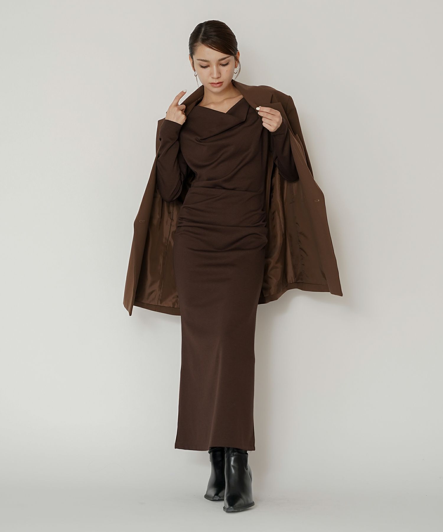 ロングワンピース カットソー セットアップ オフショルトップス ドレープ タイトワンピ 韓国風 綺麗め 細見え カジュアル KINO THE KEI