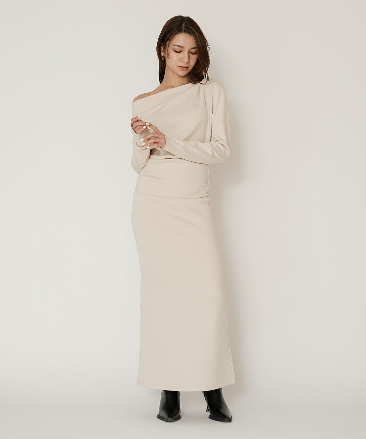 ロングワンピース カットソー セットアップ オフショルトップス ドレープ タイトワンピ 韓国風 綺麗め 細見え カジュアル KINO THE KEI