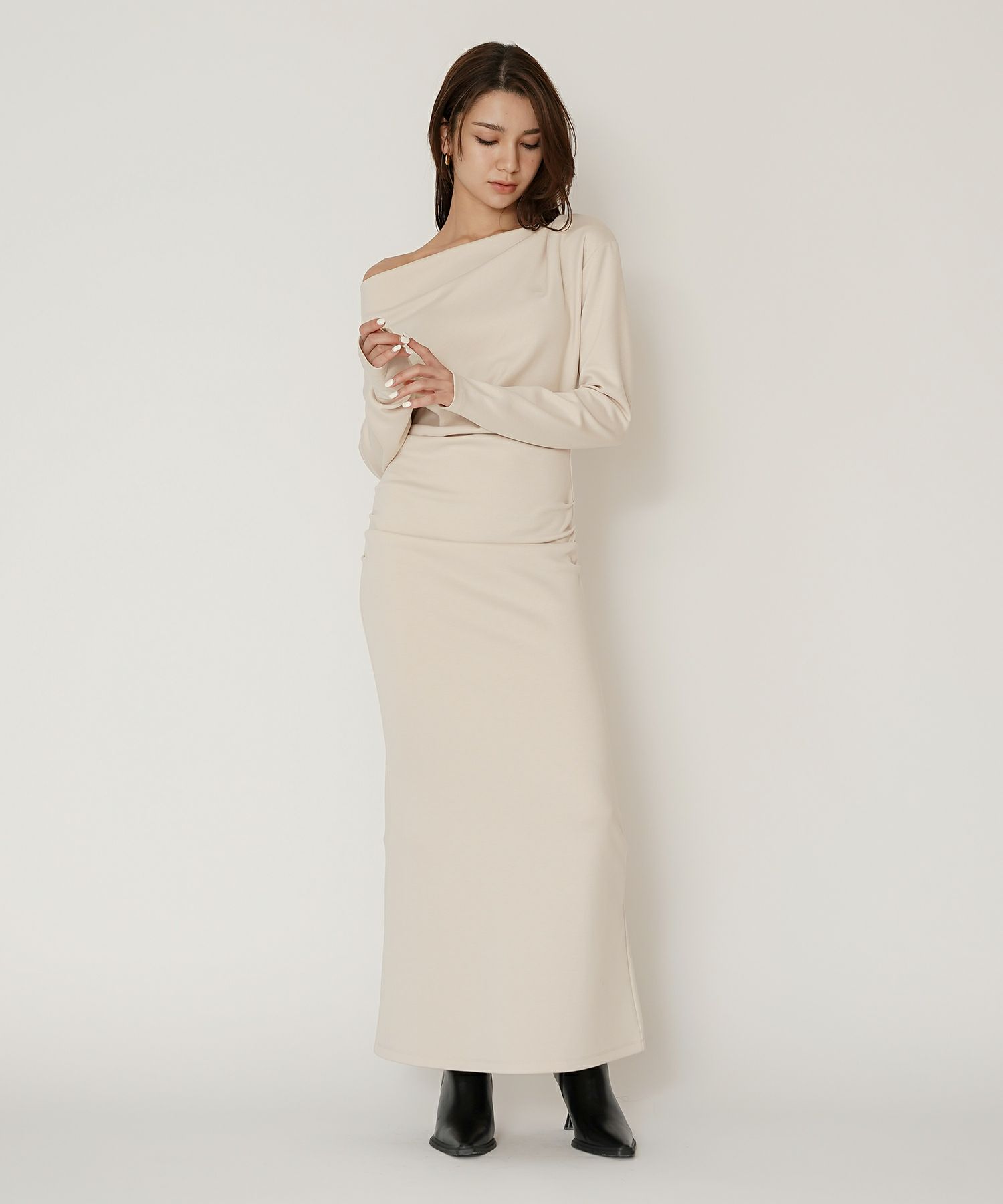 ロングワンピース カットソー セットアップ オフショルトップス ドレープ タイトワンピ 韓国風 綺麗め 細見え カジュアル KINO THE KEI