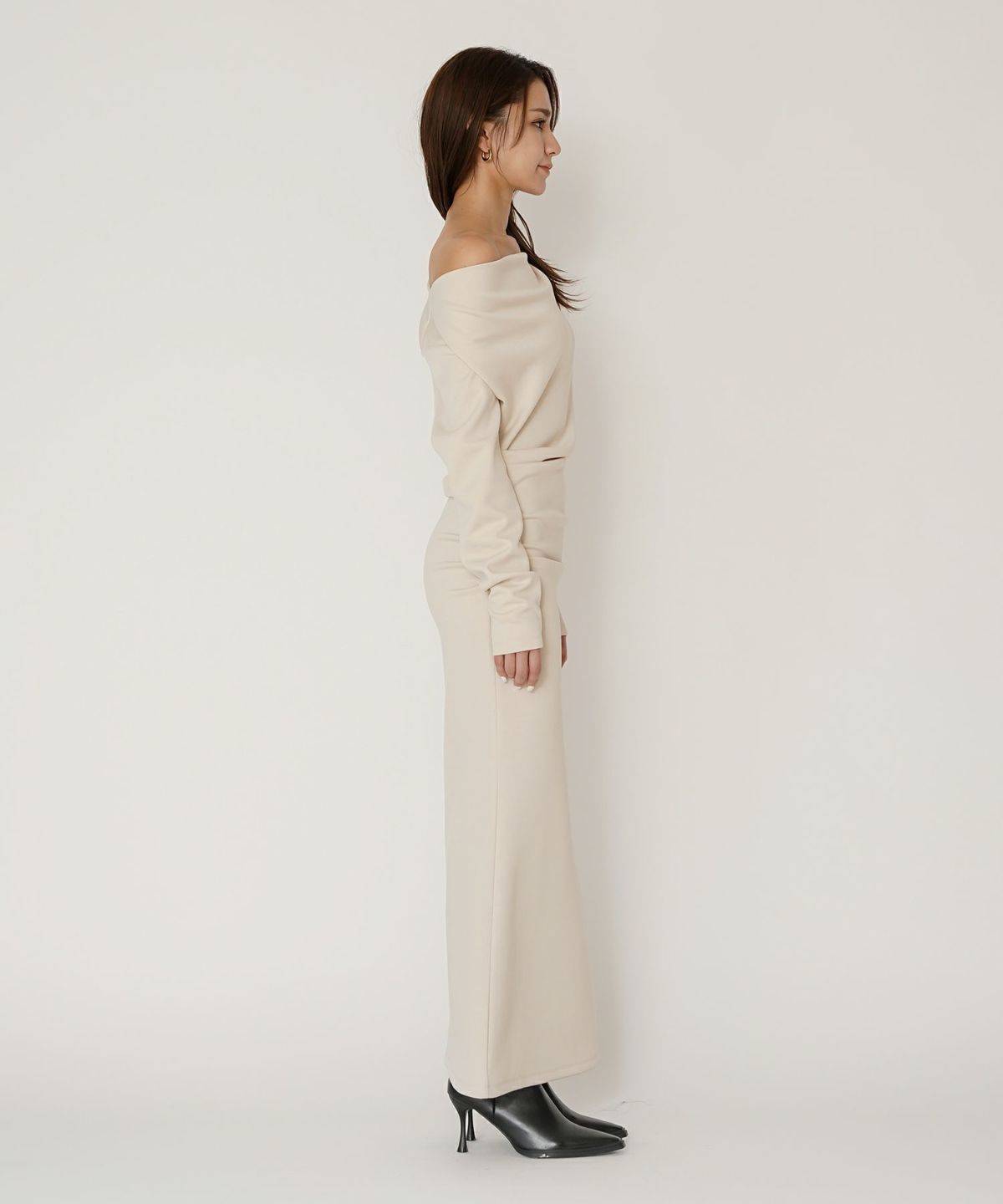 ロングワンピース カットソー セットアップ オフショルトップス ドレープ タイトワンピ 韓国風 綺麗め 細見え カジュアル KINO THE KEI