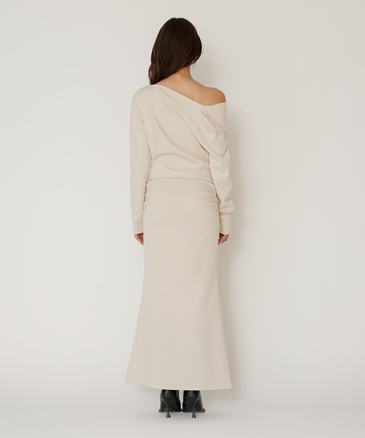 ロングワンピース カットソー セットアップ オフショルトップス ドレープ タイトワンピ 韓国風 綺麗め 細見え カジュアル KINO THE KEI