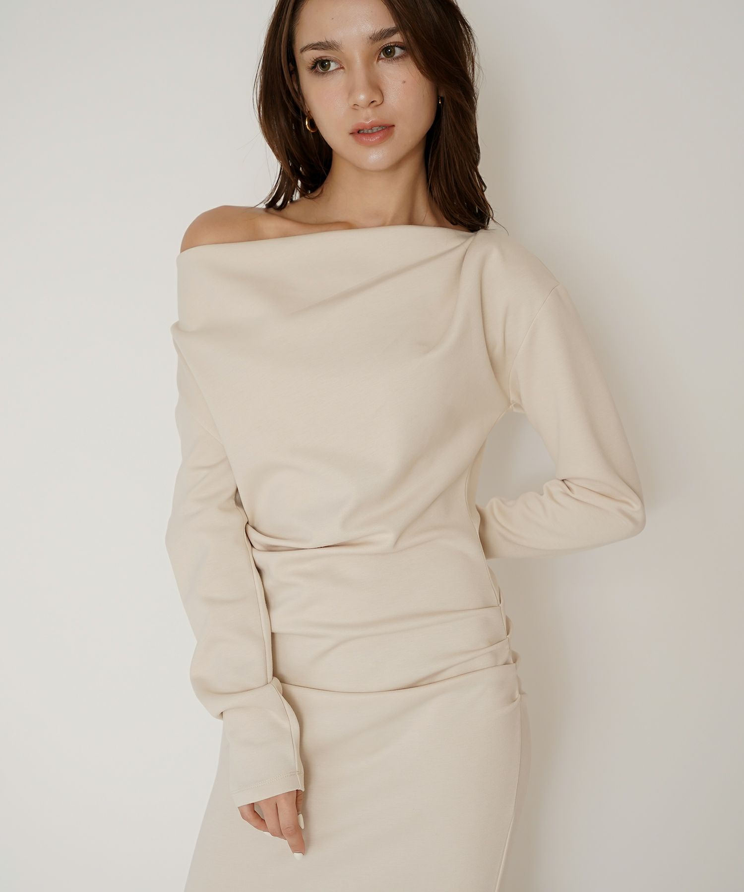 ロングワンピース カットソー セットアップ オフショルトップス ドレープ タイトワンピ 韓国風 綺麗め 細見え カジュアル KINO THE KEI