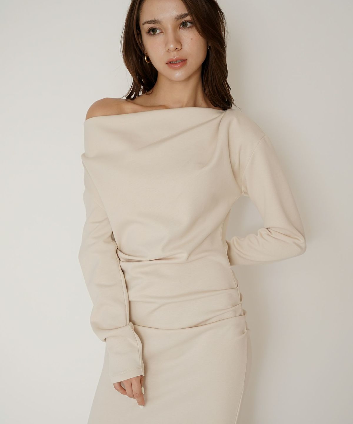 ロングワンピース カットソー セットアップ オフショルトップス ドレープ タイトワンピ 韓国風 綺麗め 細見え カジュアル KINO THE KEI