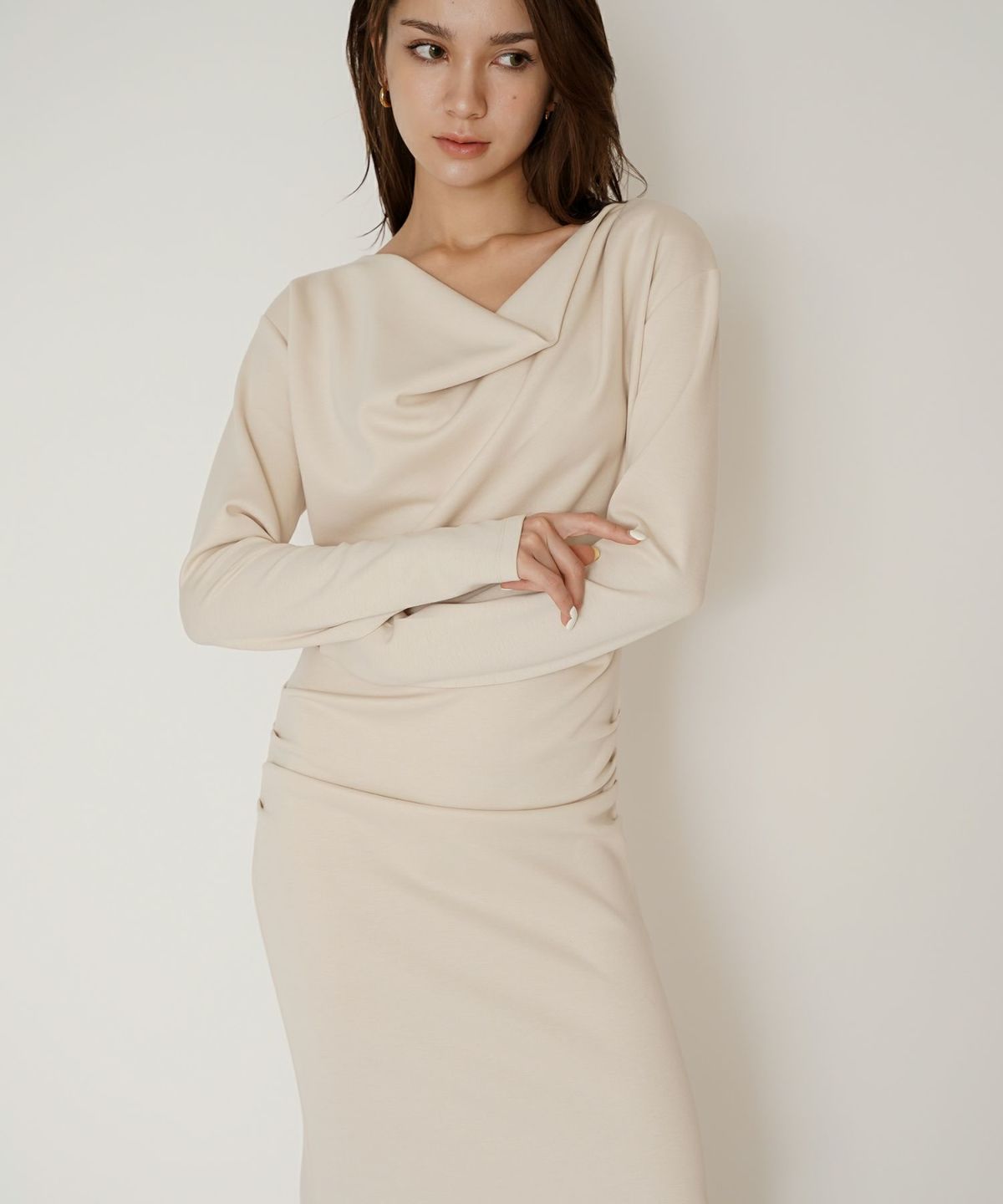 ロングワンピース カットソー セットアップ オフショルトップス ドレープ タイトワンピ 韓国風 綺麗め 細見え カジュアル KINO THE KEI