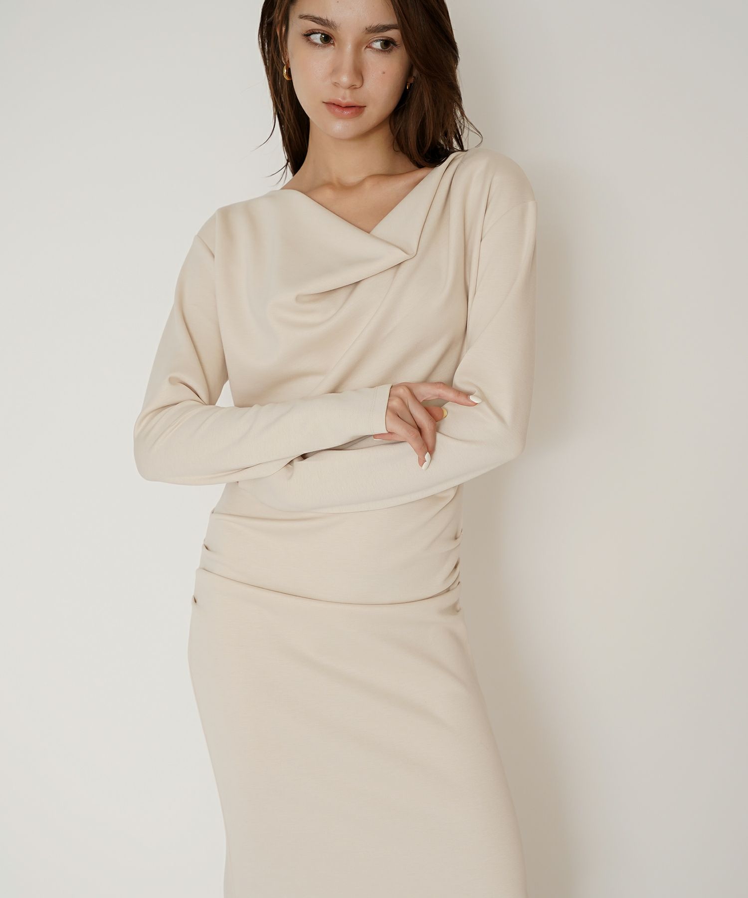 ロングワンピース カットソー セットアップ オフショルトップス ドレープ タイトワンピ 韓国風 綺麗め 細見え カジュアル KINO THE KEI