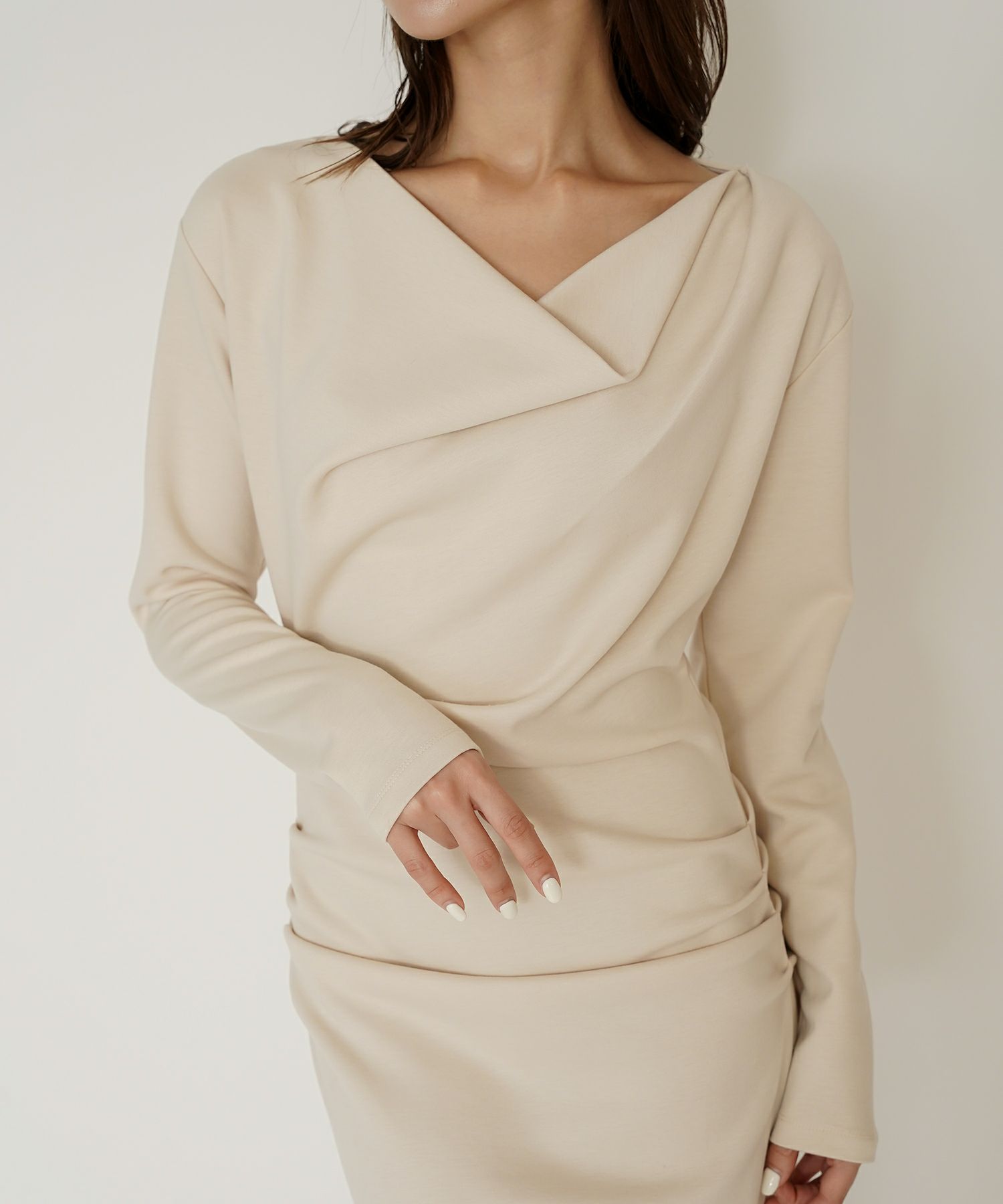 ロングワンピース カットソー セットアップ オフショルトップス ドレープ タイトワンピ 韓国風 綺麗め 細見え カジュアル KINO THE KEI