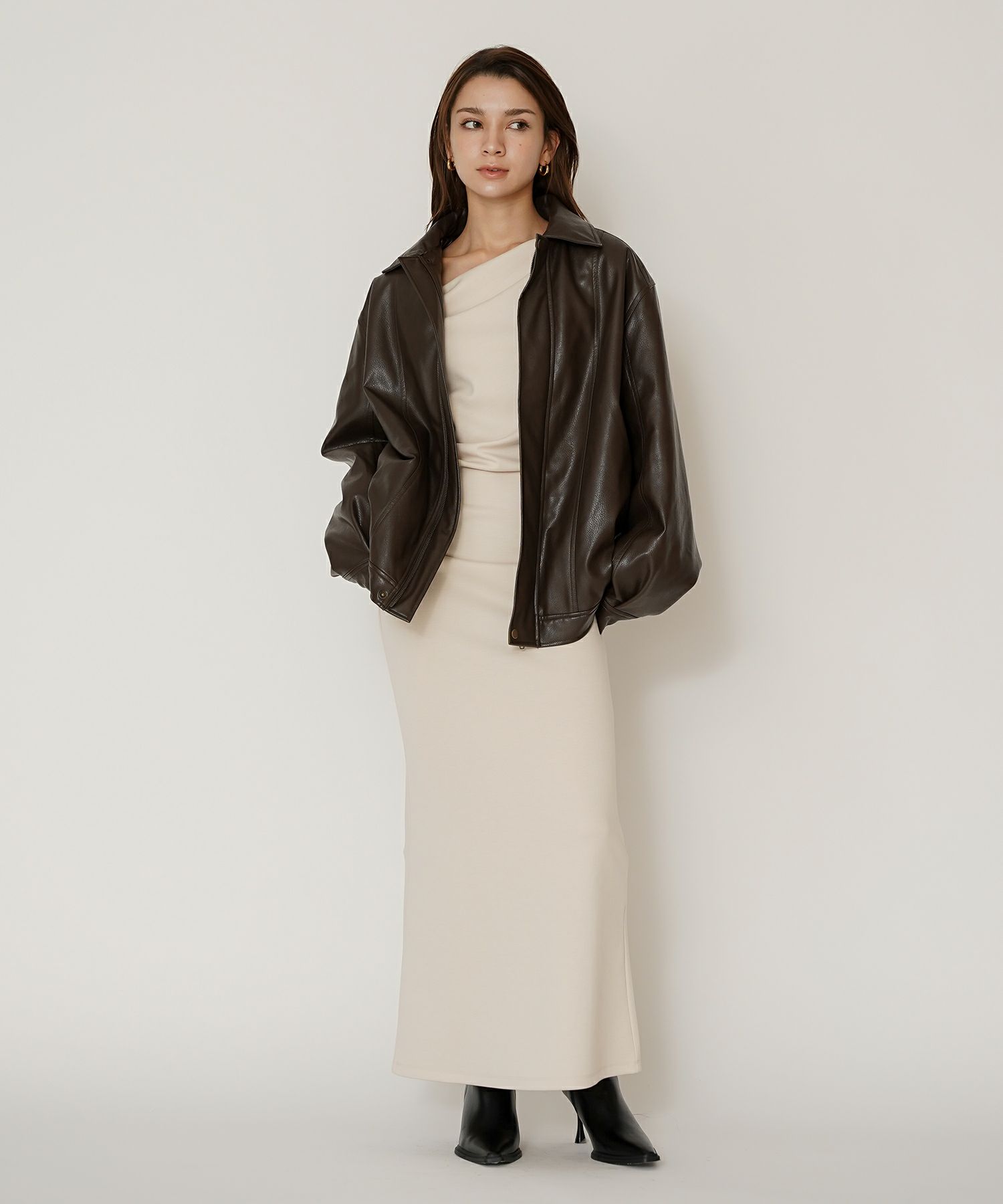 ロングワンピース カットソー セットアップ オフショルトップス ドレープ タイトワンピ 韓国風 綺麗め 細見え カジュアル KINO THE KEI