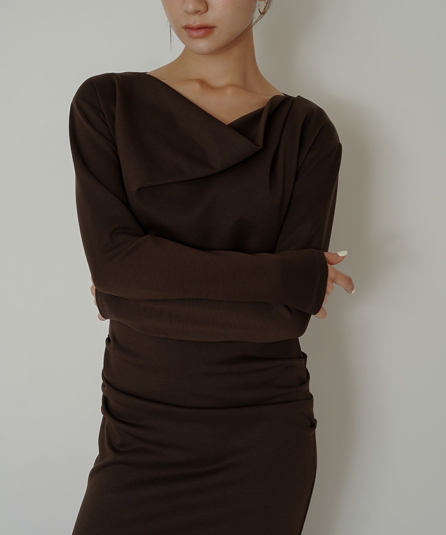 ロングワンピース カットソー セットアップ オフショルトップス ドレープ タイトワンピ 韓国風 綺麗め 細見え カジュアル KINO THE KEI