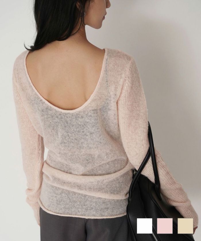 背中見せ 2way ラメニット シアーニット タイトトップス 韓国風 綺麗め 細見え カジュアル KINO THE KEI