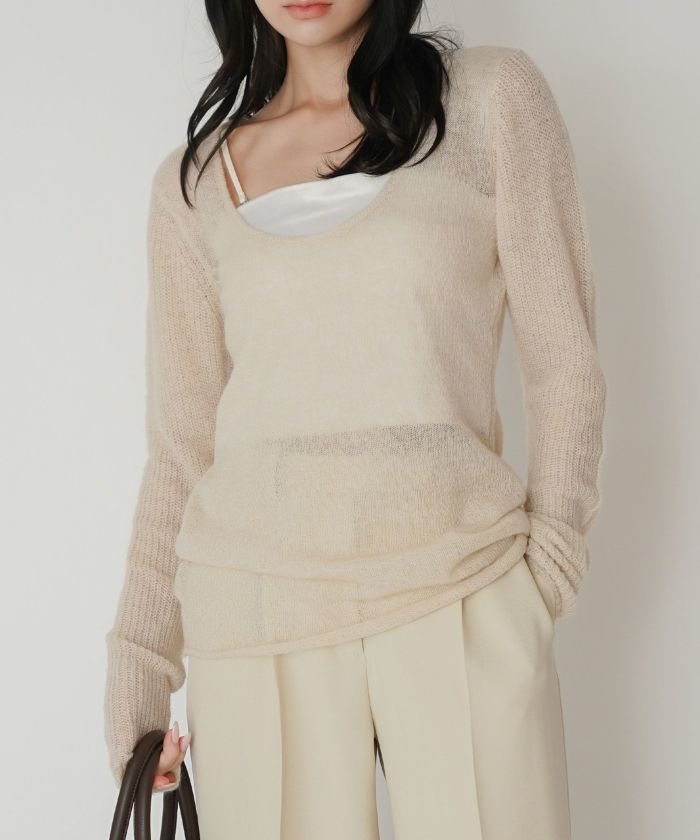 背中見せ 2way ラメニット シアーニット タイトトップス 韓国風 綺麗め 細見え カジュアル KINO THE KEI