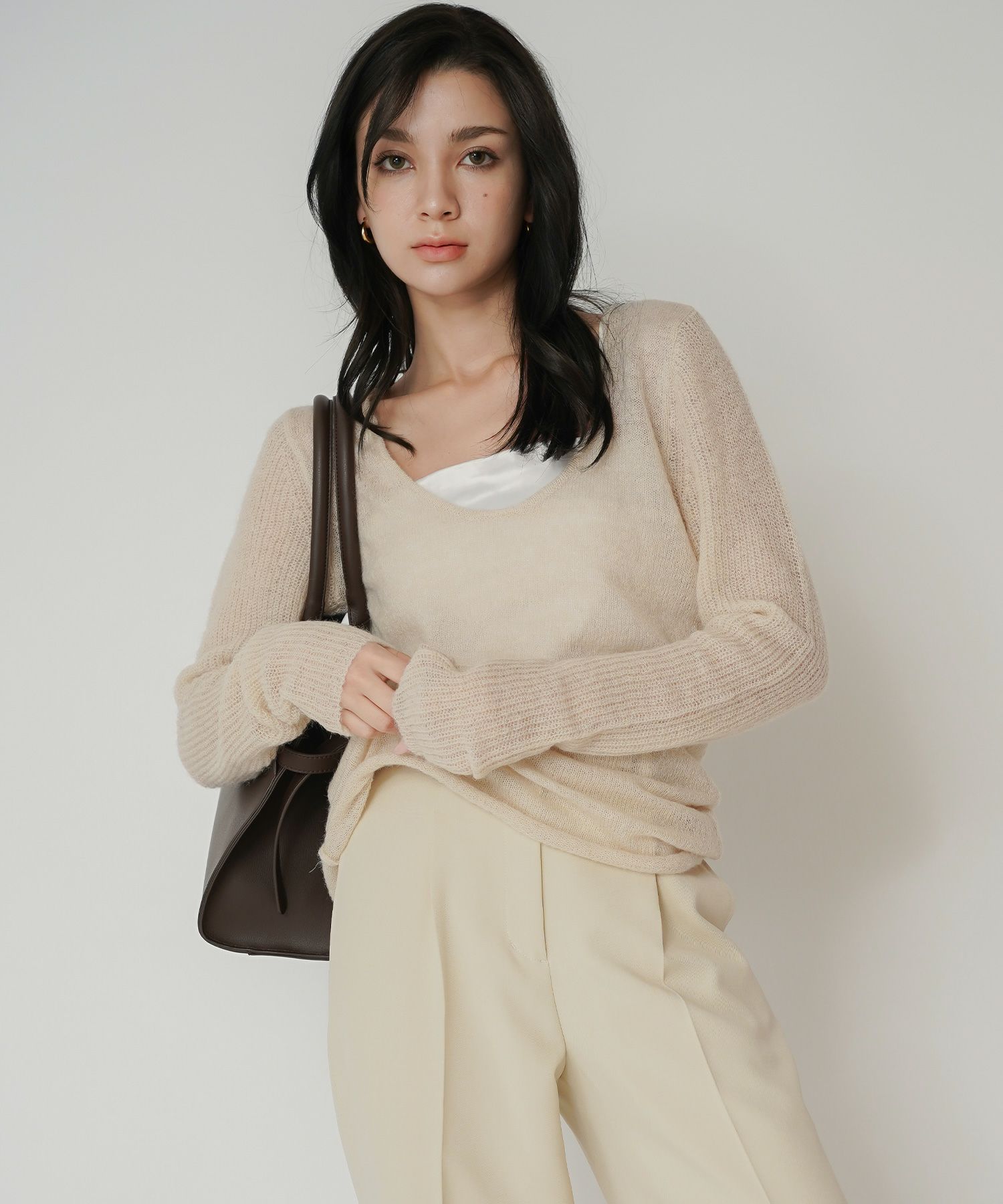 背中見せ 2way ラメニット シアーニット タイトトップス 韓国風 綺麗め 細見え カジュアル KINO THE KEI