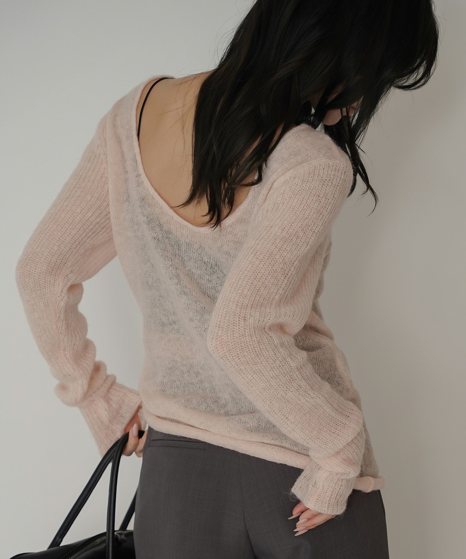 背中見せ 2way ラメニット シアーニット タイトトップス 韓国風 綺麗め 細見え カジュアル KINO THE KEI