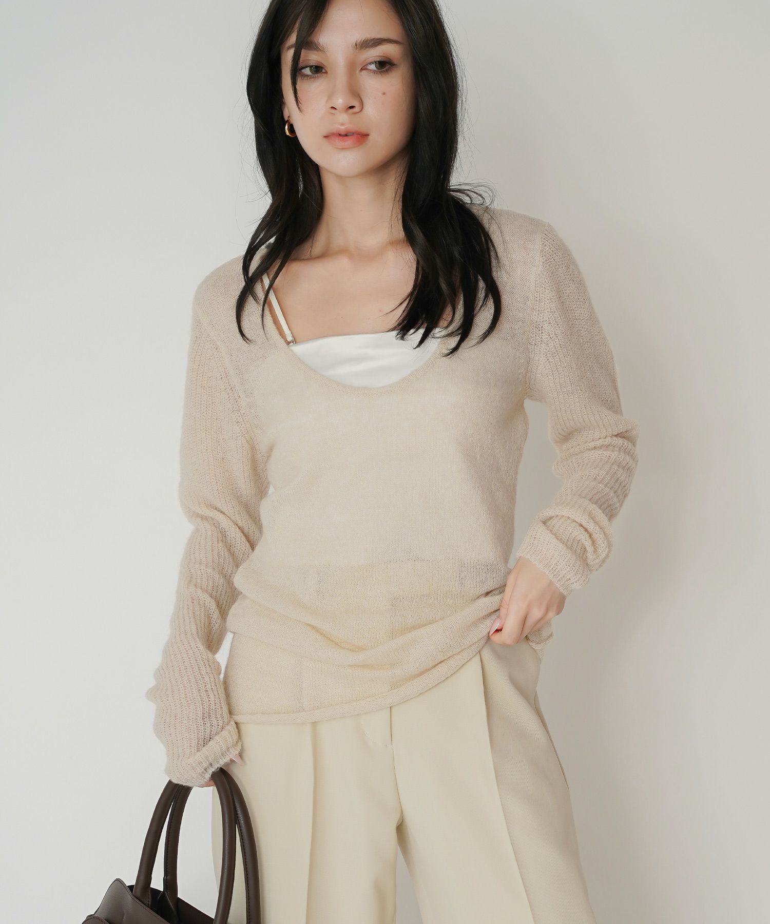 背中見せ 2way ラメニット シアーニット タイトトップス 韓国風 綺麗め 細見え カジュアル KINO THE KEI