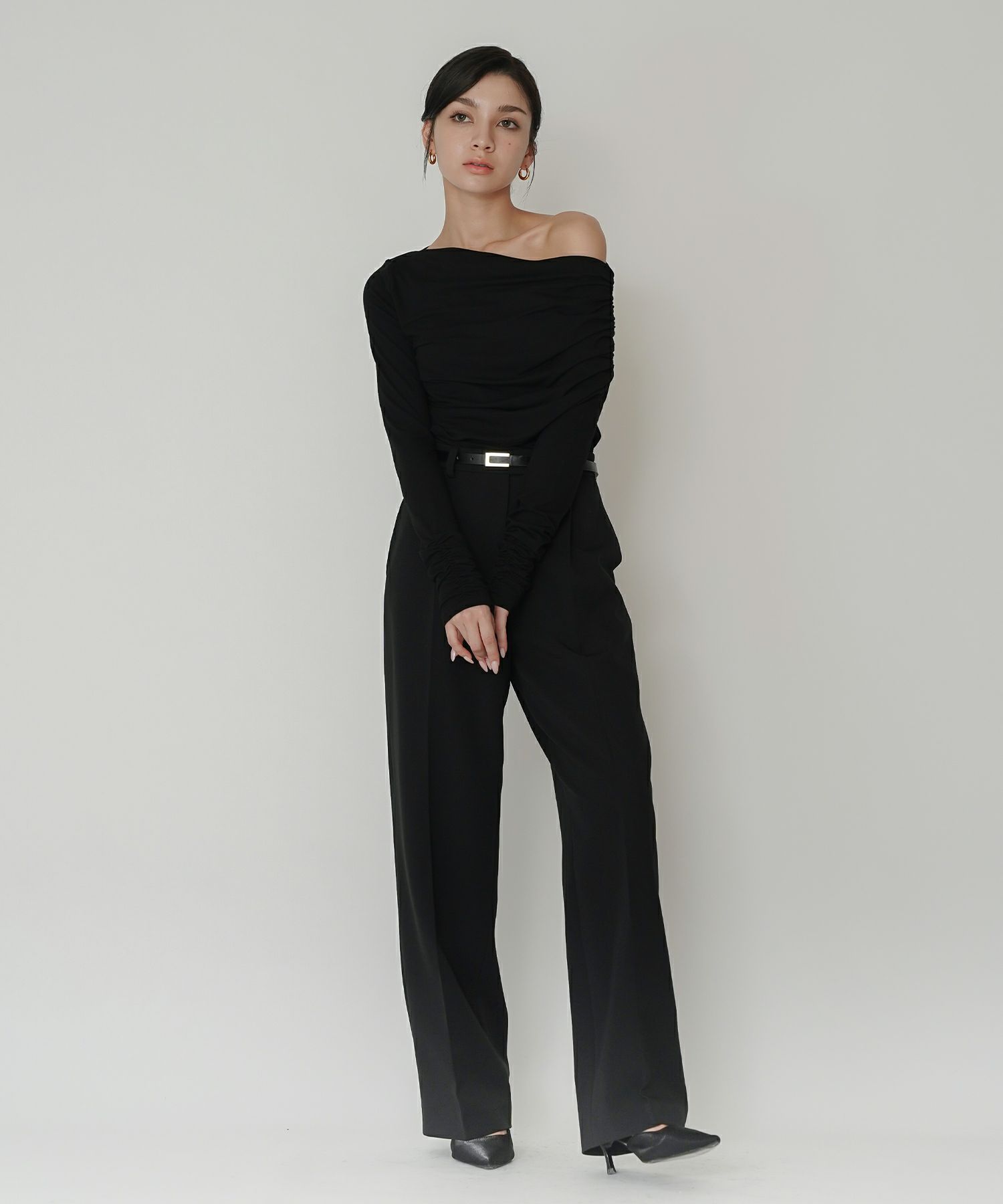 ワンショル オフショル ドレープ お仕事 オフィス アシンメトリー ロンT タイトTシャツ KINO THE KEI