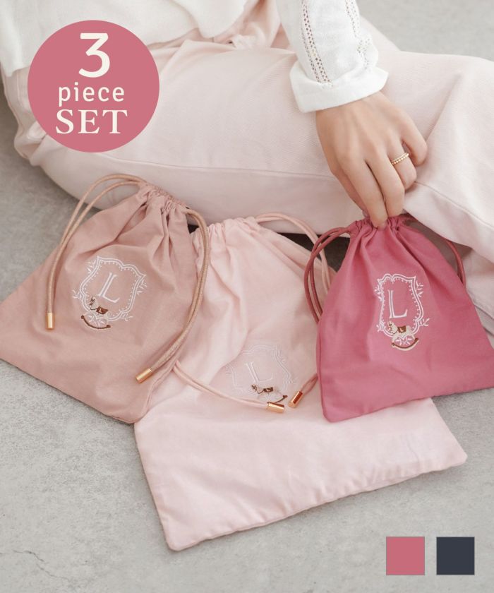 木馬エンブレム刺繍巾着3点セットlerevevanillerピンク/ブルー
