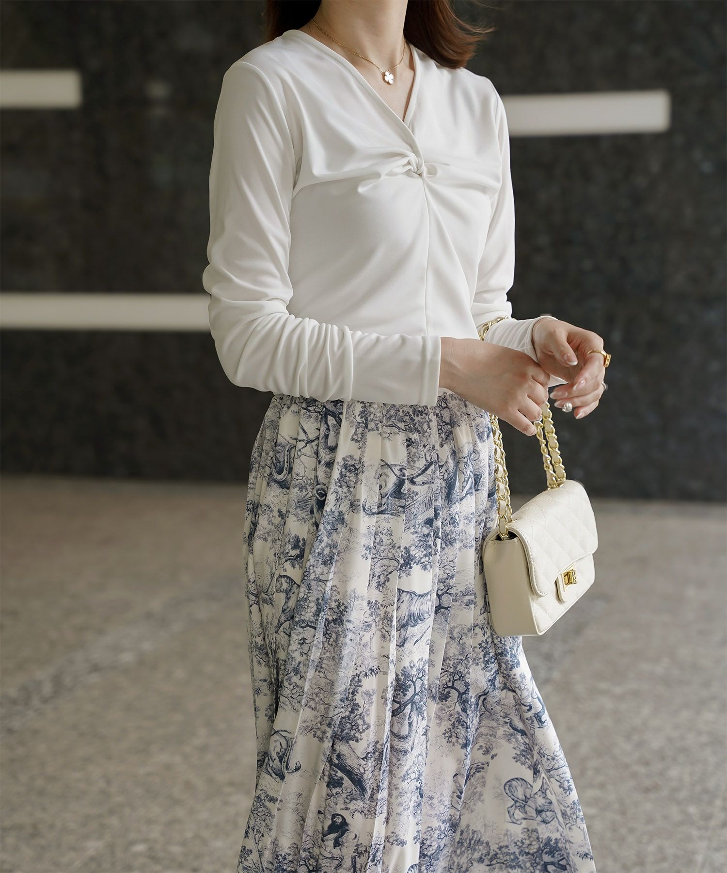 トワルドジュイ柄 プリーツ スカート レディース オールシーズン 総ゴム ミモレ丈 トワルドジュイ グレー/ネイビー/M