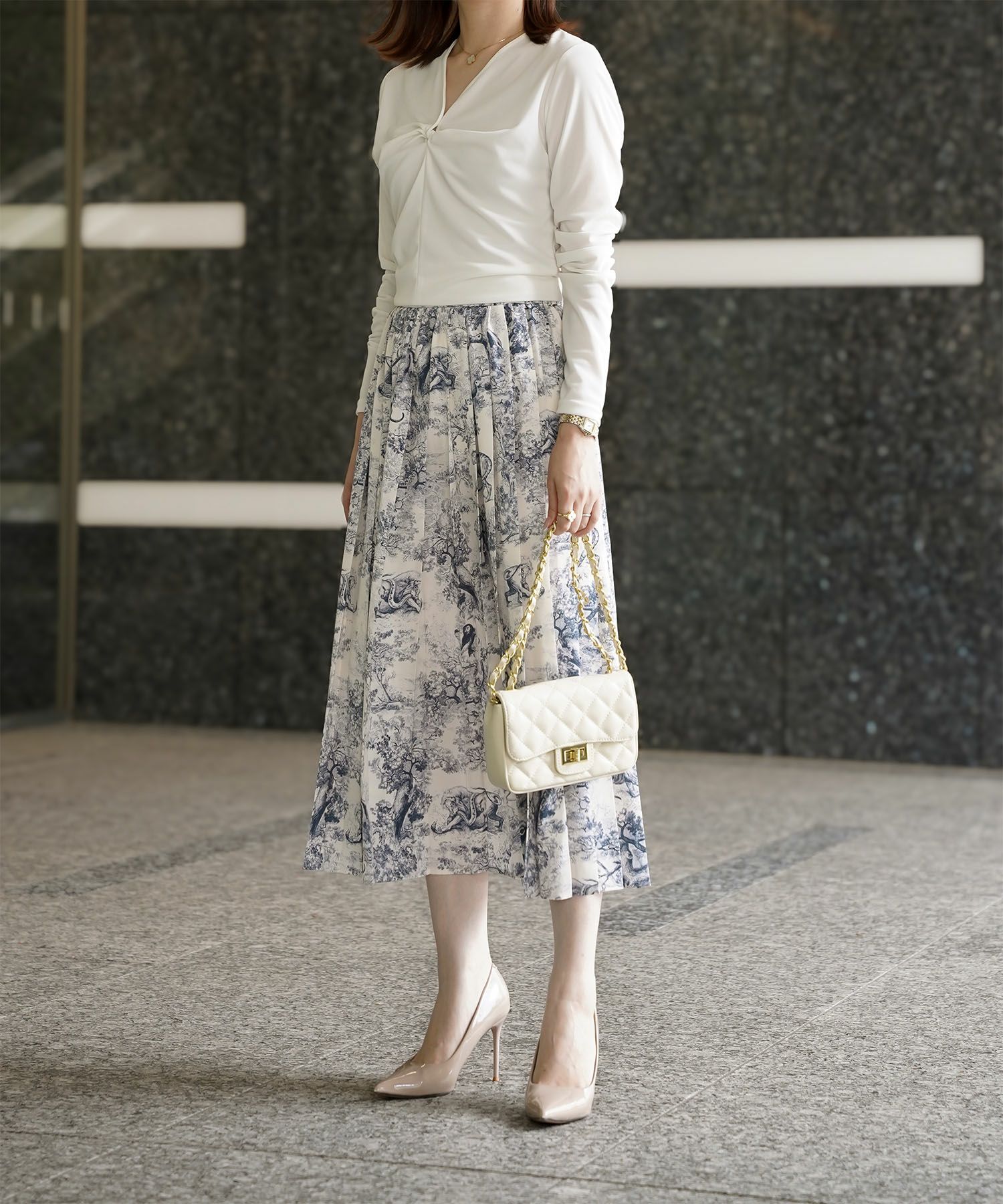 トワルドジュイ柄 プリーツ スカート レディース オールシーズン 総ゴム ミモレ丈 トワルドジュイ グレー/ネイビー/M