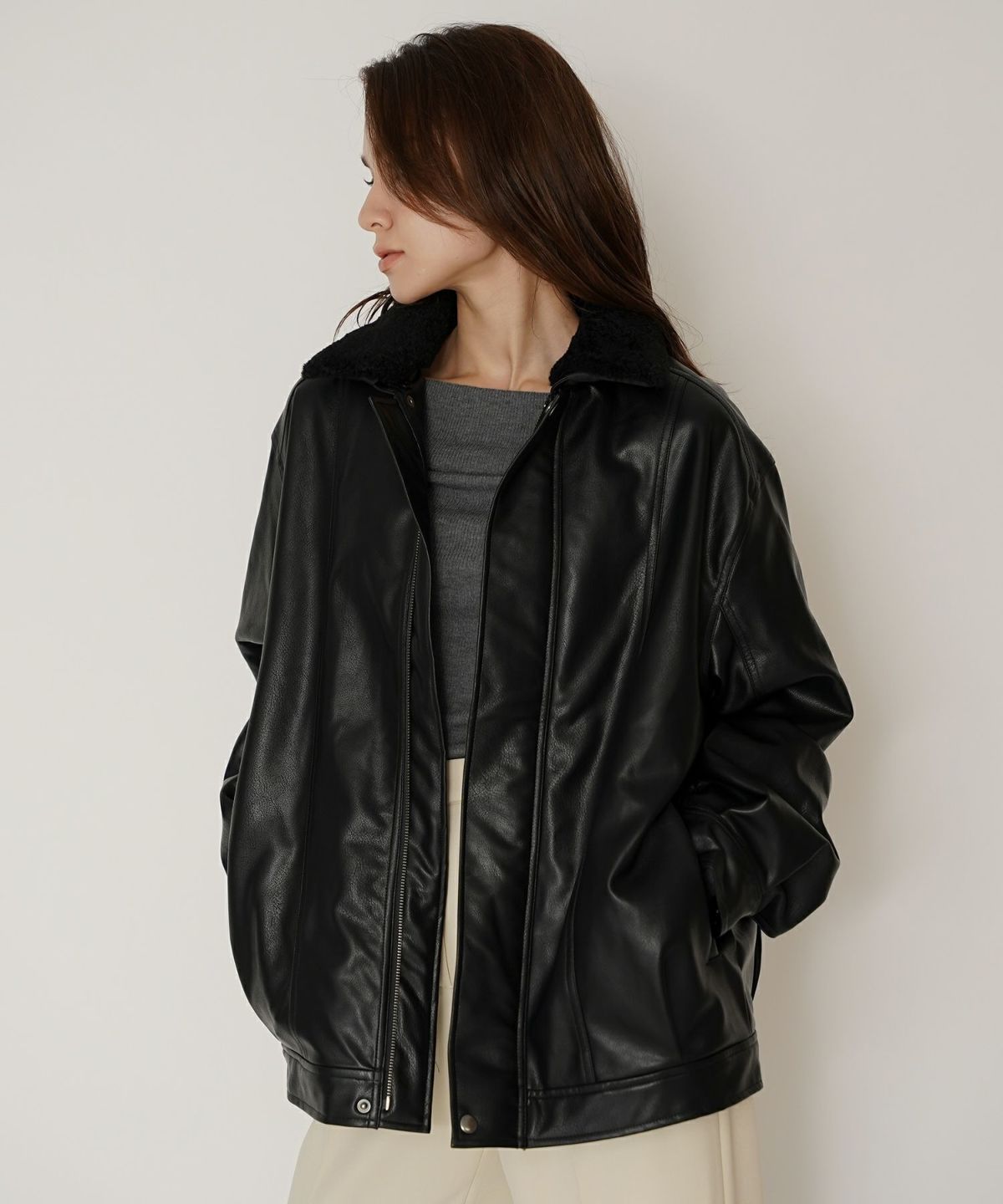 古着 ヴィンテージ ボア ライダース バイカーズブルゾン ユニセックス メンズライク ボーイッシュ 韓国風 綺麗め 細見え カジュアル KINO THE KEI