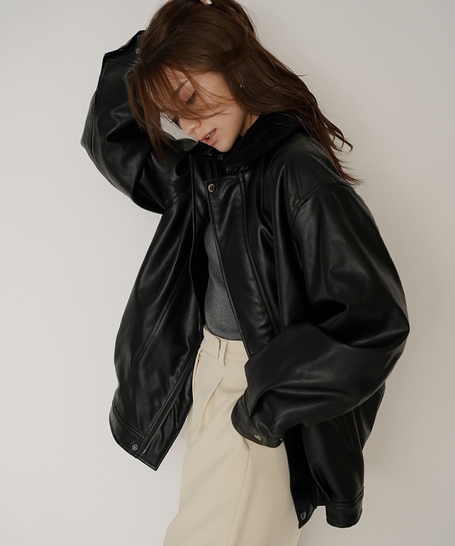 古着 ヴィンテージ ボア ライダース バイカーズブルゾン ユニセックス メンズライク ボーイッシュ 韓国風 綺麗め 細見え カジュアル KINO THE KEI