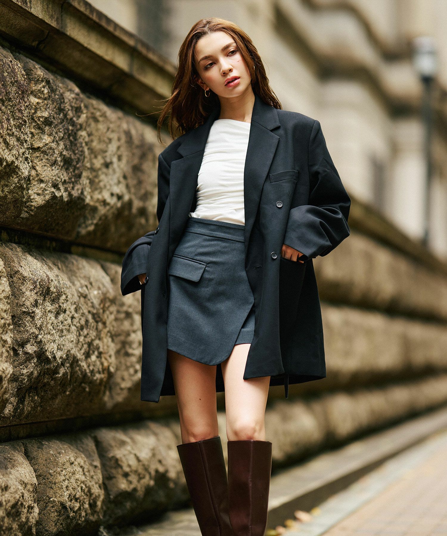 モード 肩幅 大きめ ブレザー アウター ビジネス 秋 韓国系 綺麗め 細見え カジュアル KINO THE KEI