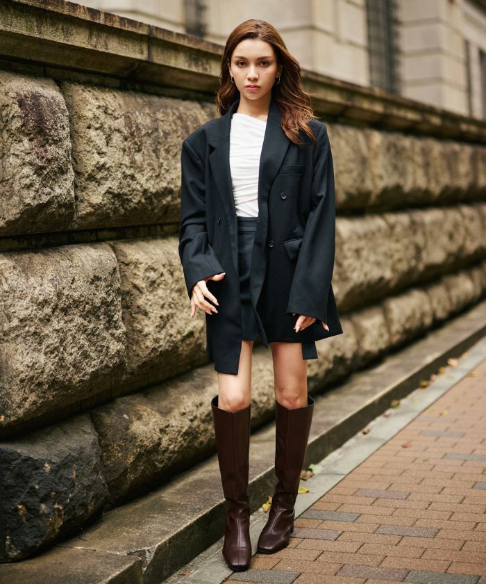 モード 肩幅 大きめ ブレザー アウター ビジネス 秋 韓国系 綺麗め 細見え カジュアル KINO THE KEI