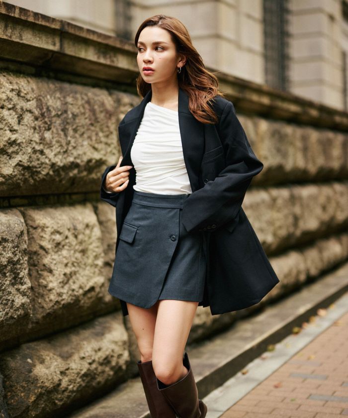 モード 肩幅 大きめ ブレザー アウター ビジネス 秋 韓国系 綺麗め 細見え カジュアル KINO THE KEI