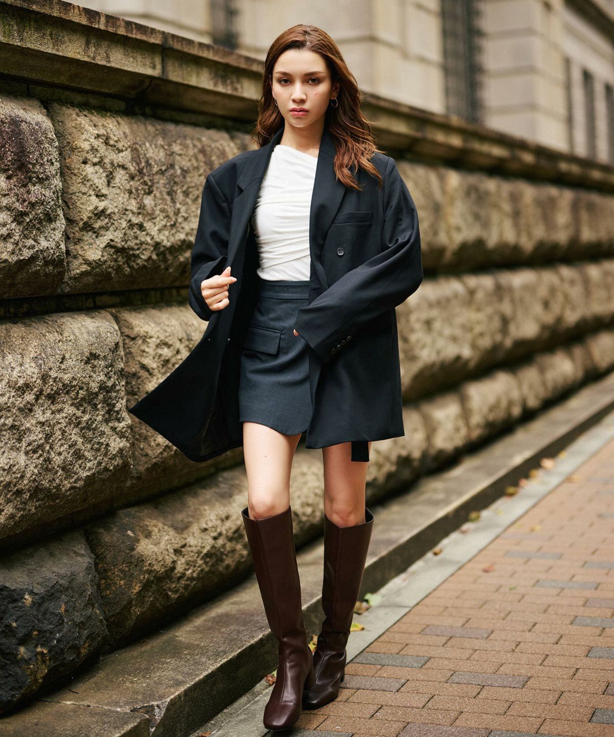 モード 肩幅 大きめ ブレザー アウター ビジネス 秋 韓国系 綺麗め 細見え カジュアル KINO THE KEI