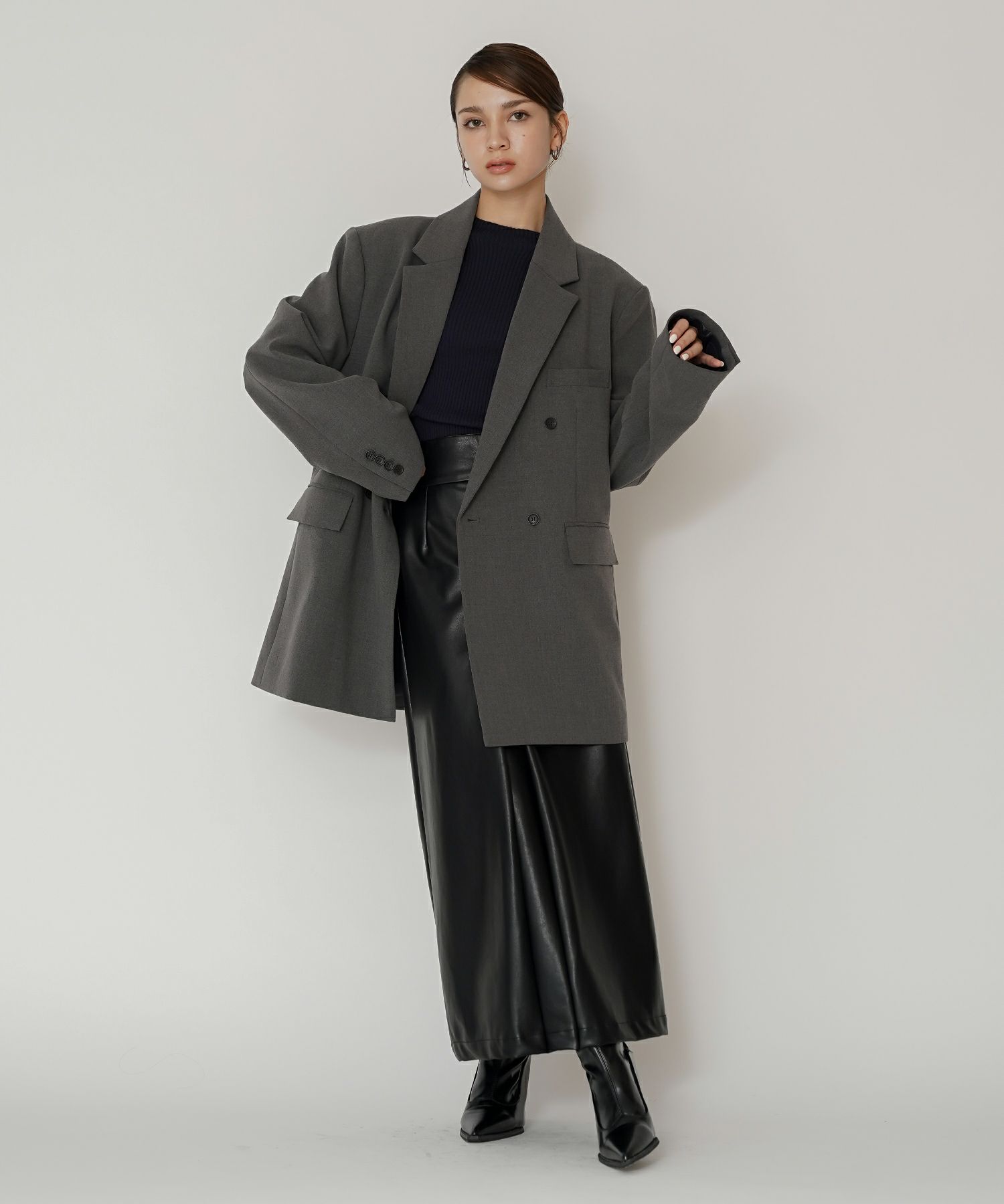 モード 肩幅 大きめ ブレザー アウター ビジネス 秋 韓国系 綺麗め 細見え カジュアル KINO THE KEI