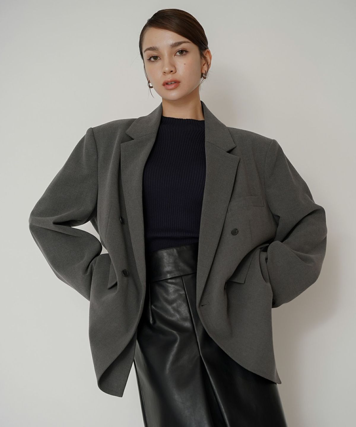 モード 肩幅 大きめ ブレザー アウター ビジネス 秋 韓国系 綺麗め 細見え カジュアル KINO THE KEI